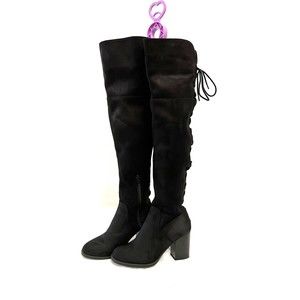 Soda Women's Over Knee Boots Zipper Block Heel Back Lace Up Black SZ 7
